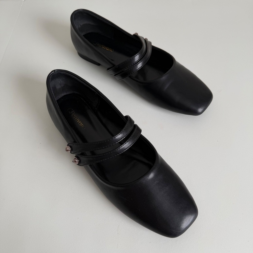 C.Paravano Black Leather Double Strap Mary Jane Square Toe Flats Size 38.5